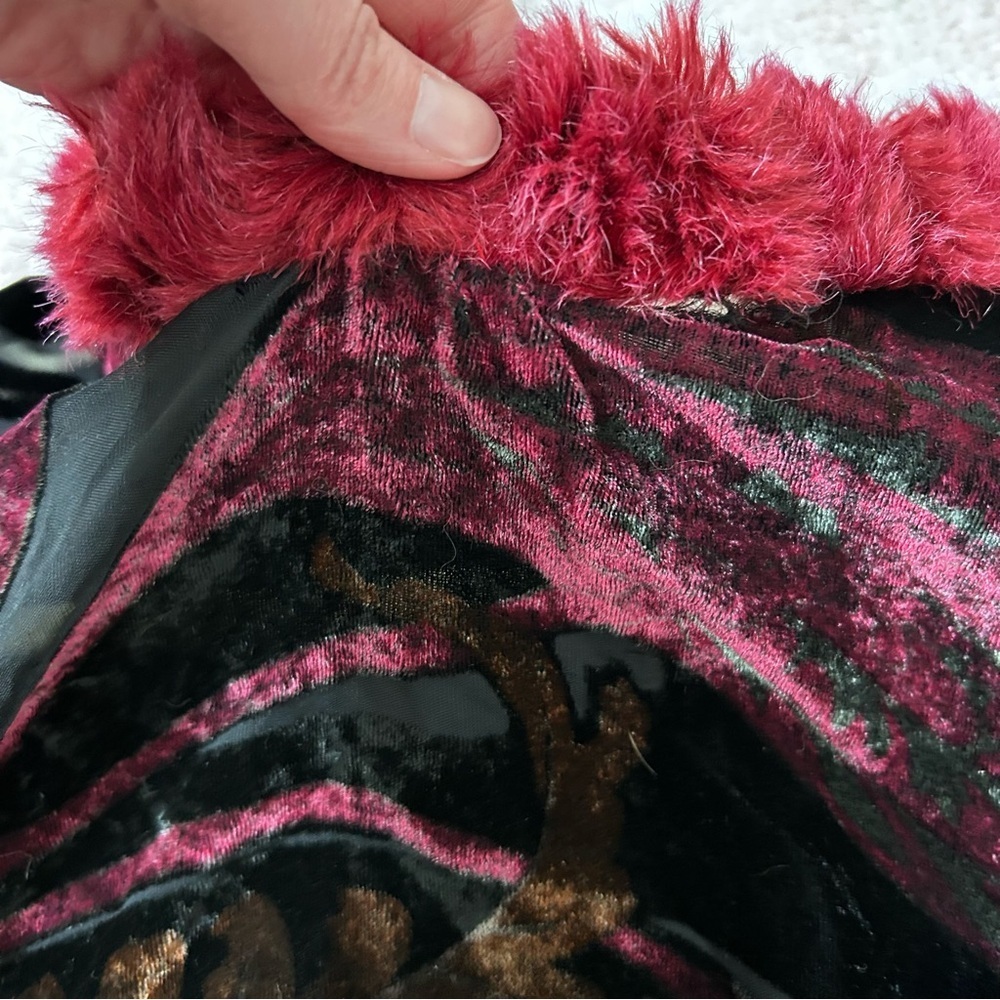 Vintage Black Burgundy Silk Blend Burnout Velvet Poncho Faux Fur Trim OS Flawed - Picture 15 of 16
